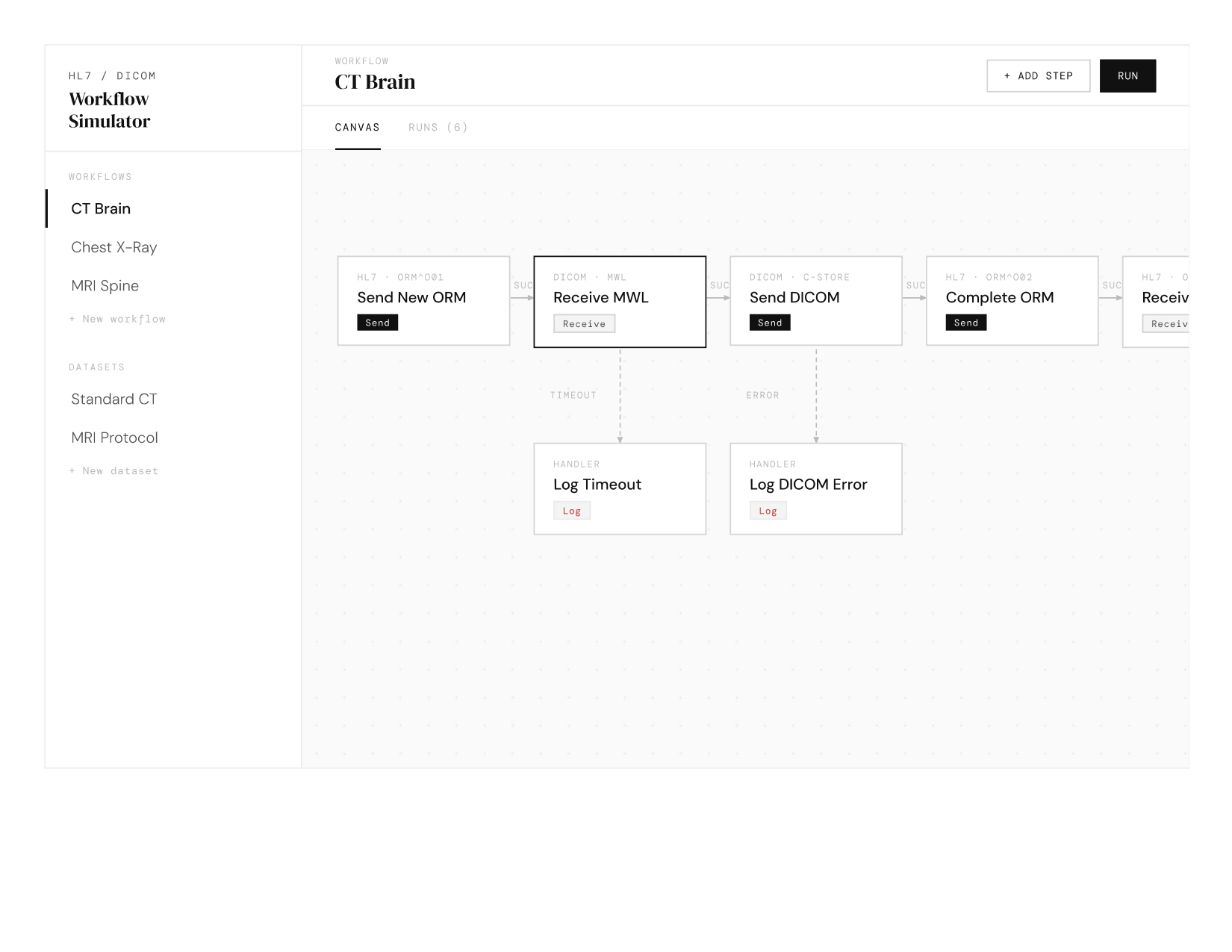 Simulator main screen — workflow canvas with HL7 and DICOM step nodes